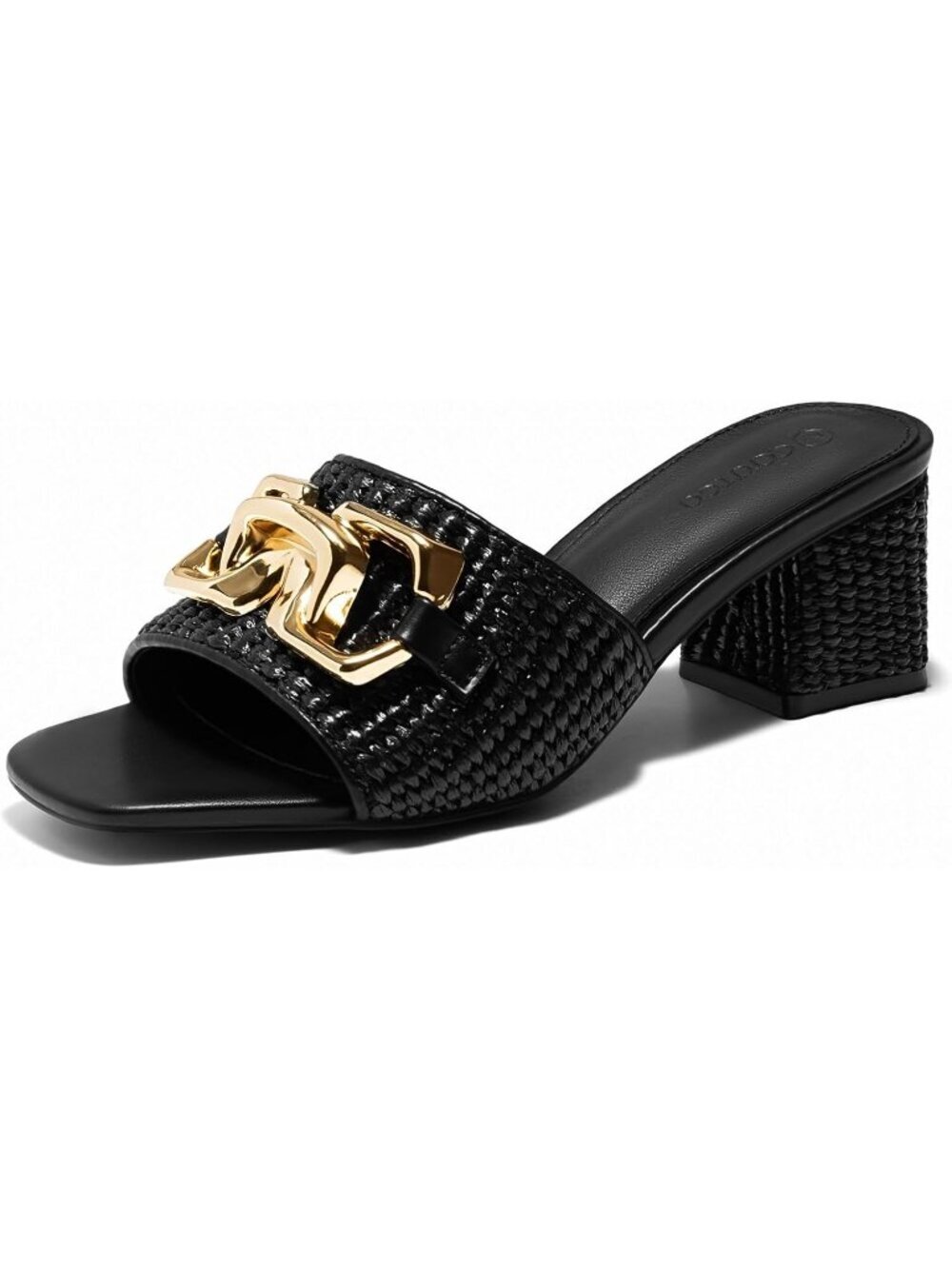 Women's Black Imported Raffia Open Toe Chunky Block Heeled Sandals